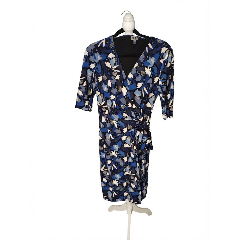 Anne Klein‎ Womens Blue Floral Faux Wrap Dress 3/4 Sleeve V-Neck Size M